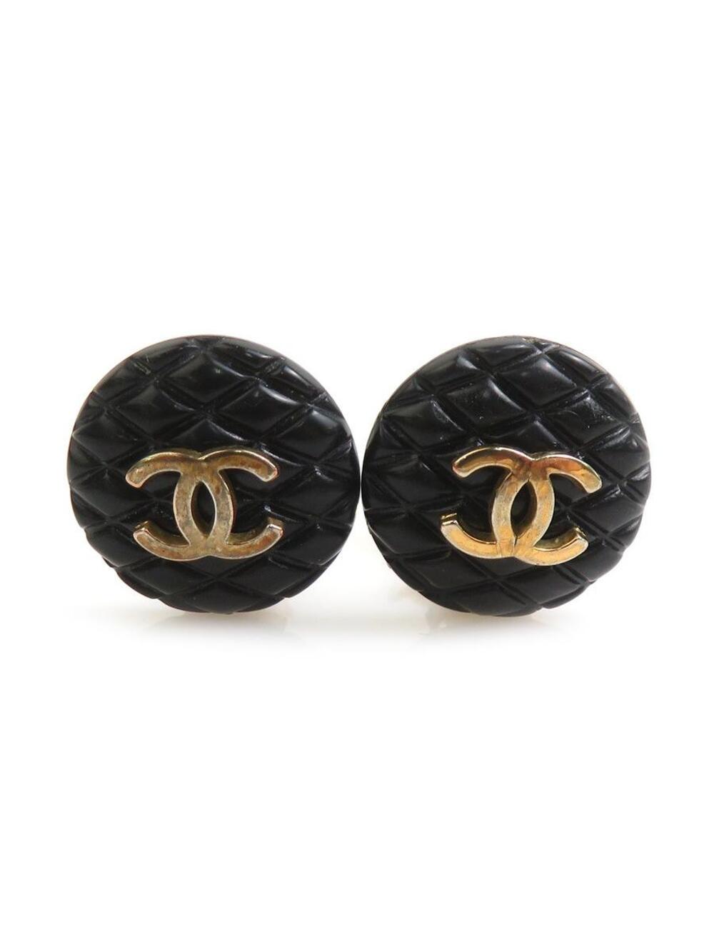 Auth Chanel Cc Logo Earrings Black/Gold #372679C29B
